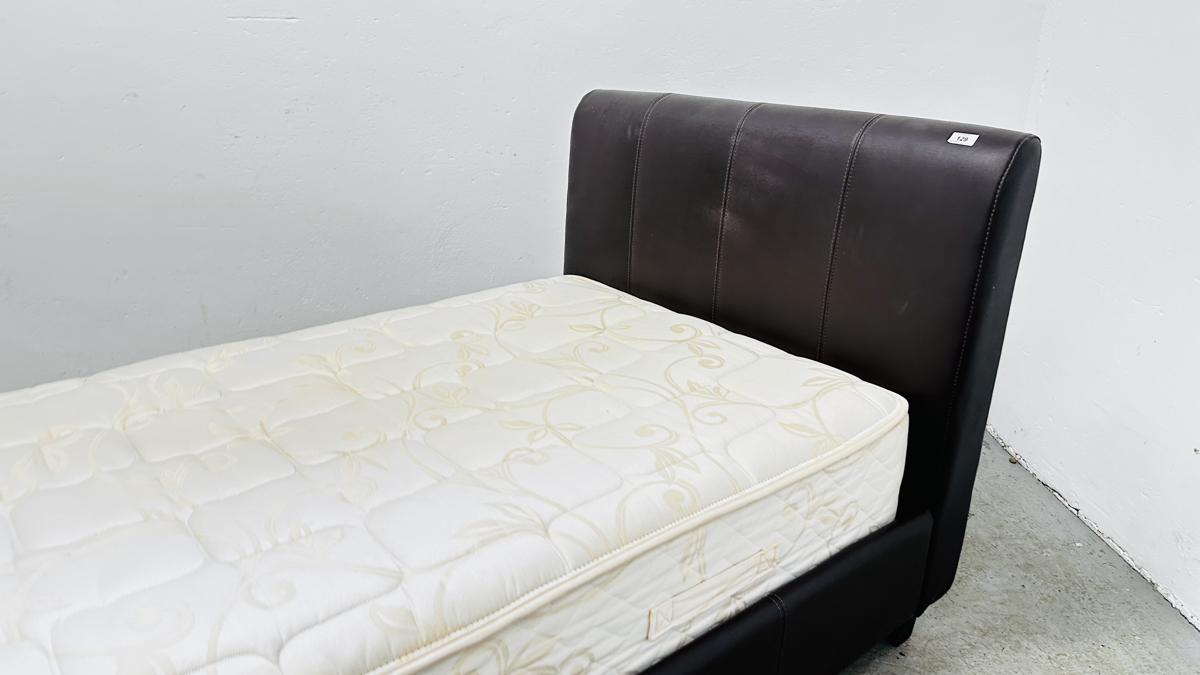 A DARK TAN FAUX LEATHER SINGLE BEDSTEAD WITH MYERS PHOENIX MATTRESS. - Image 10 of 13