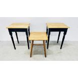 A PAIR OF OCCASIONAL TABLES WITH NATURAL PINE TOPS AND EBONISED TURNED SUPPORTS PLUS ONE OTHER