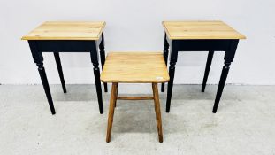 A PAIR OF OCCASIONAL TABLES WITH NATURAL PINE TOPS AND EBONISED TURNED SUPPORTS PLUS ONE OTHER