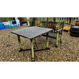 A HARDWOOD GARDEN BENCH LENGTH 120CM AND HARDWOOD GARDEN TABLE - WEATHERED CONDITION, 90 X 90CM.