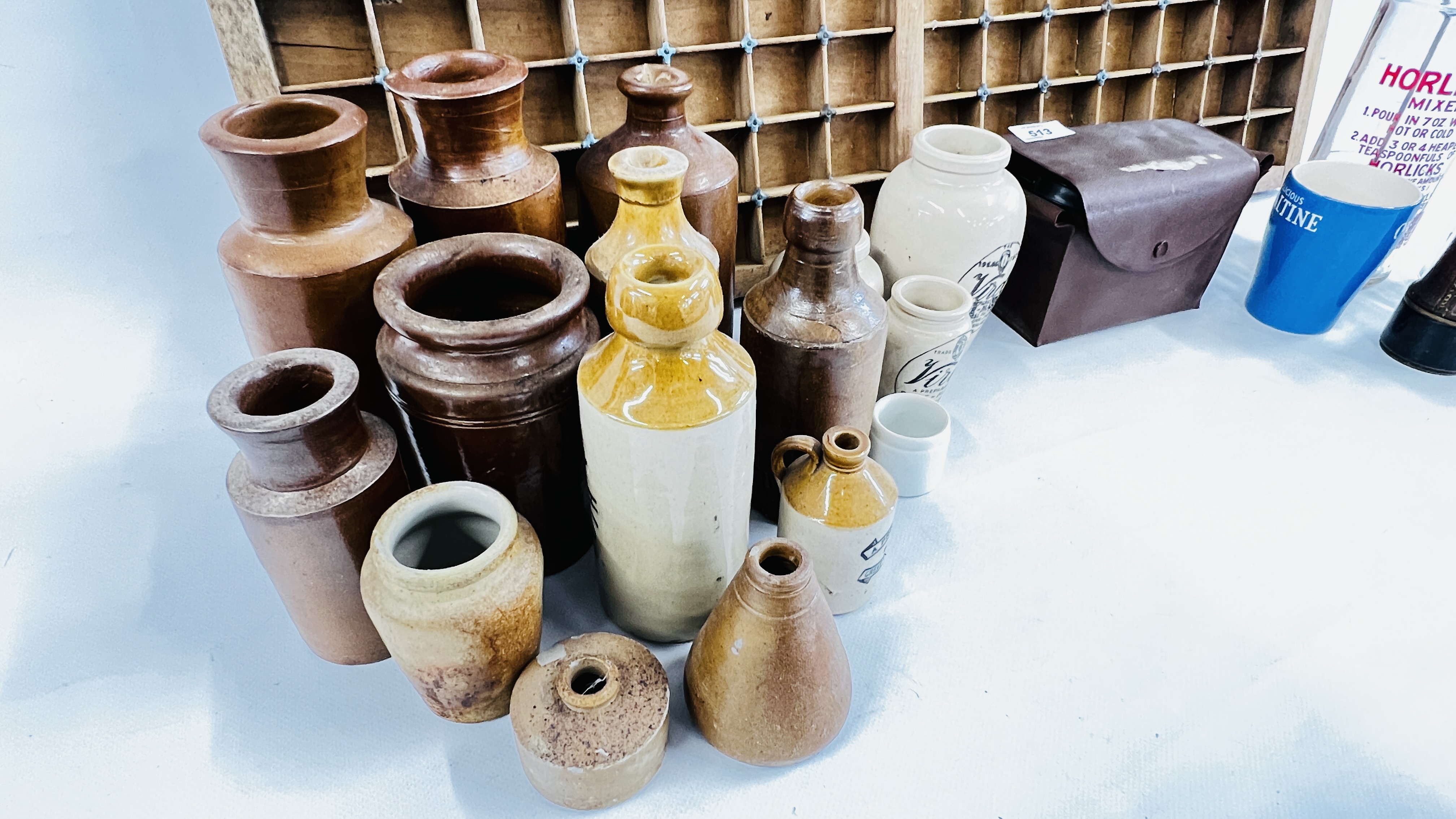 A PRINTERS TRAY ALONG WITH A COLLECTION OF SIXTEEN OLD STONEWARE BOTTLES AND JARS TO INCLUDE VIROL - Image 2 of 8