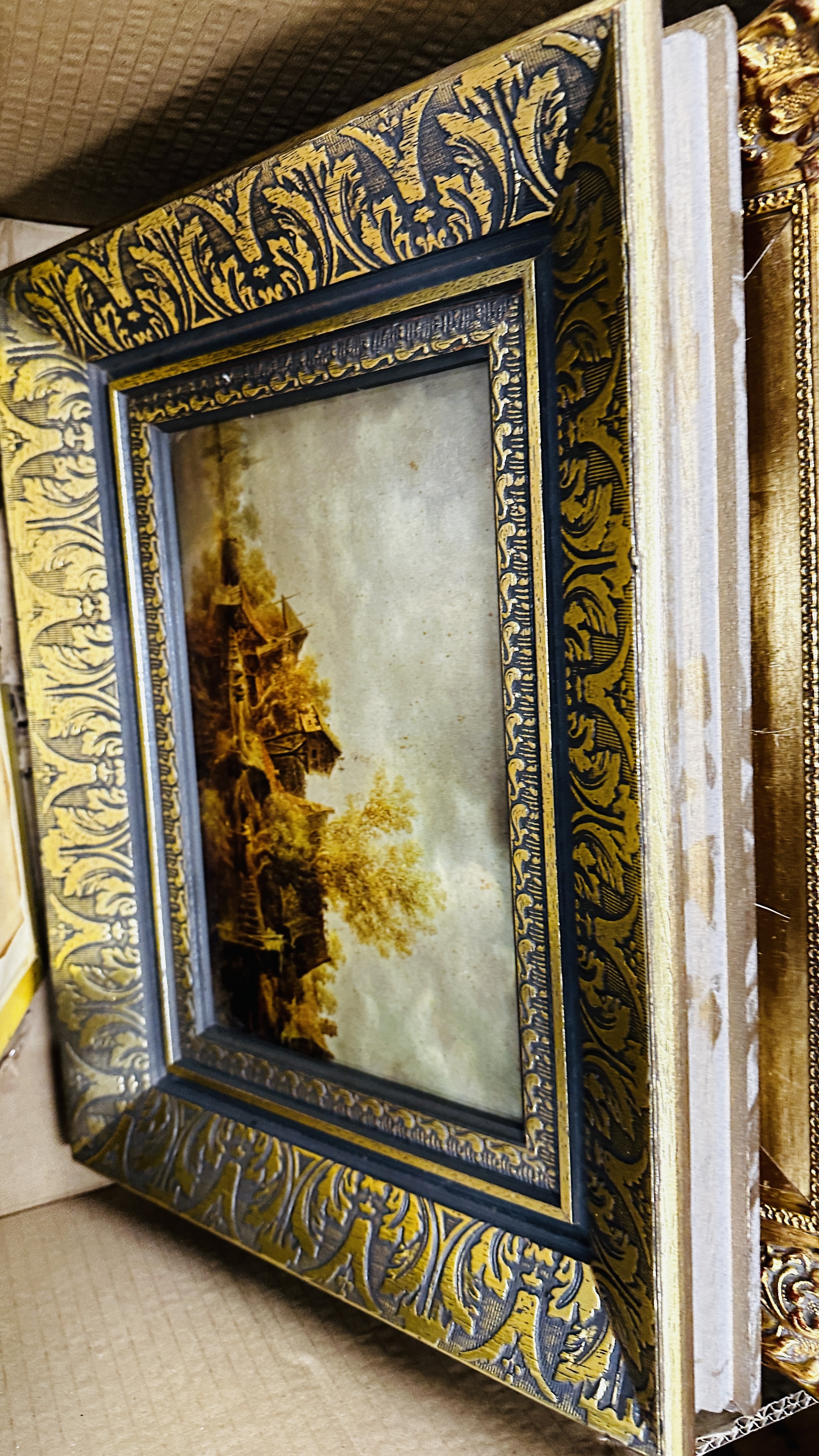 SIX LARGE GILT FRAMED OIL ON CANVAS SCENES TO INCLUDE HEAVY HORSES AT WORK BEARING SIGNATURE D. - Image 11 of 15