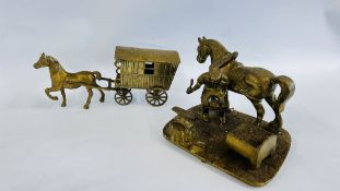 A HEAVY BRASS STUDY OF A BLACKSMITH AT WORK ALONG WITH A HORSE & CARRIAGE.