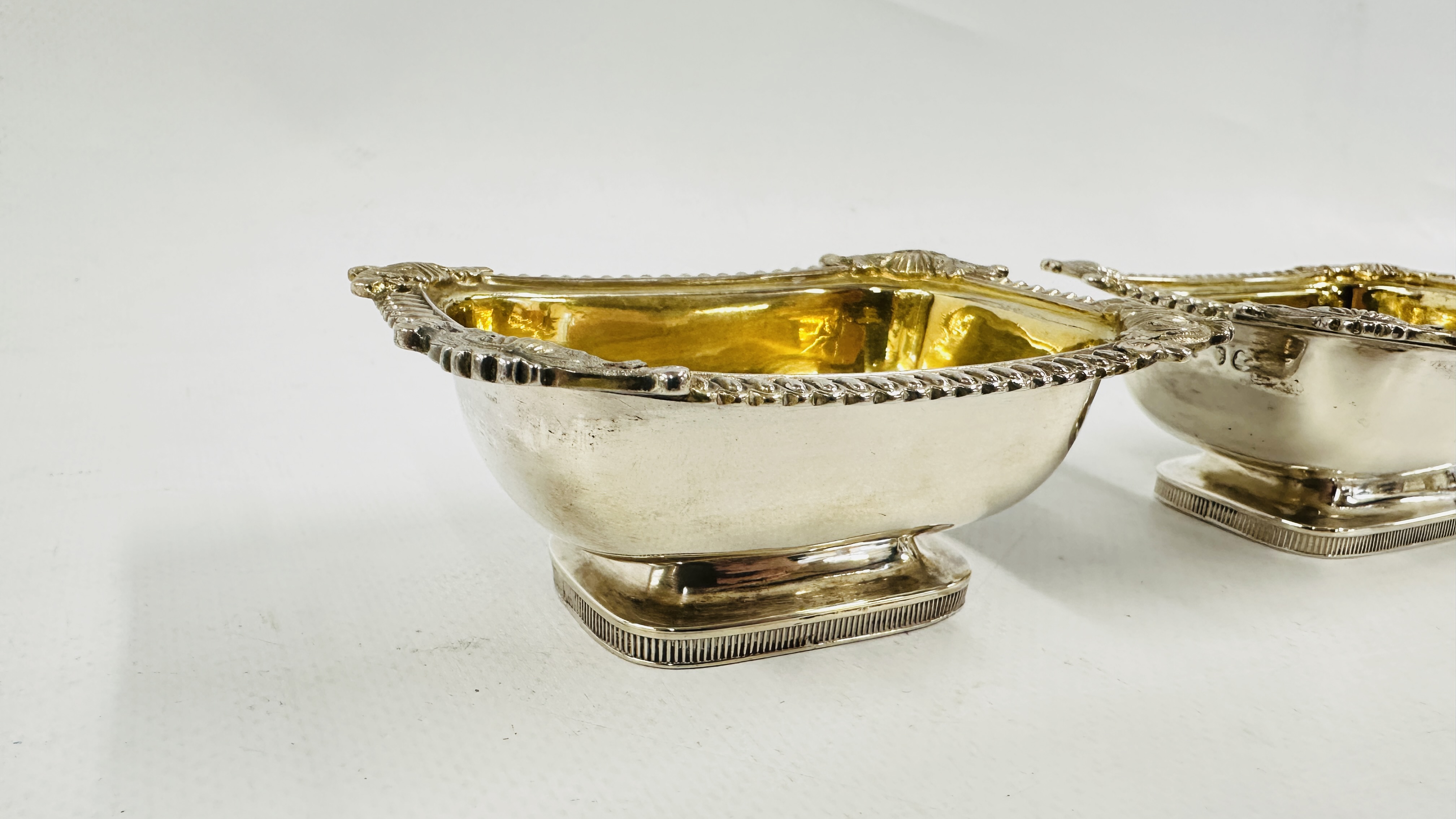 A PAIR OF GEORGE III SILVER SALTS LONDON ASSAY 1818, MAKER J. BIGGS L 9.8CM X W 7.3 X H 3CM. - Image 2 of 16