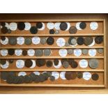 COINS: WOODEN BOX WITH GB VICTORIAN TO QE2 IN TRAYS, A FEW SILVER ETC.