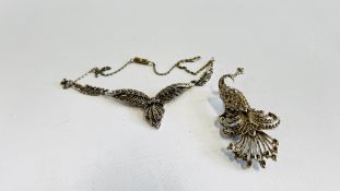 A VINTAGE MARCASITE PEACOCK BROOCH ALONG WITH A MARCASITE EVENING NECKLACE.