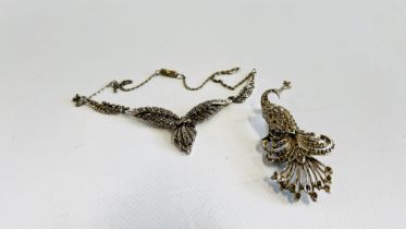 A VINTAGE MARCASITE PEACOCK BROOCH ALONG WITH A MARCASITE EVENING NECKLACE.