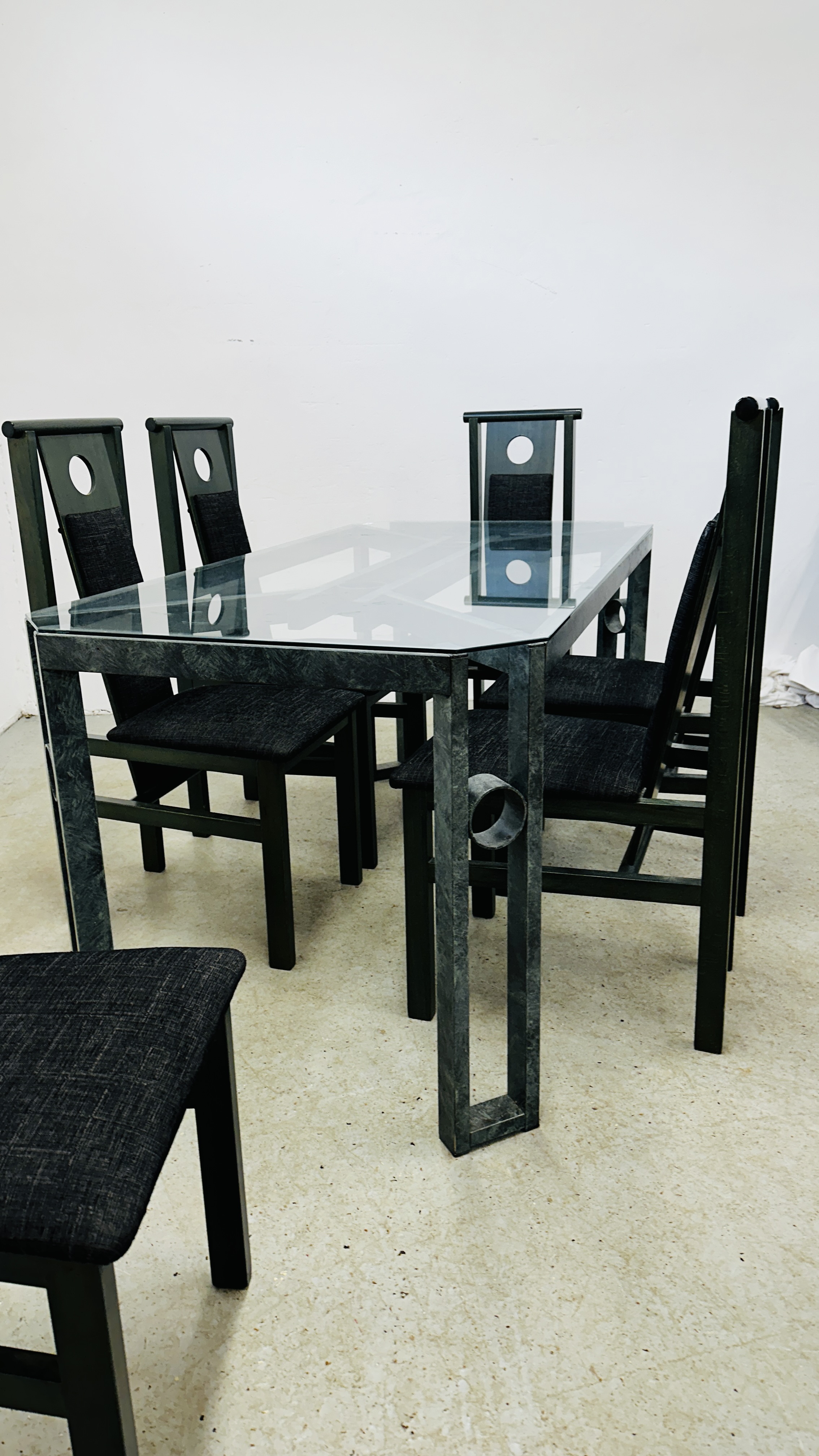 A DESIGNER MODERN METAL CRAFT DINING TABLE WITH GLASS TOP 155CM X 80CM ACCOMPANIED BY A SET OF SIX - Image 11 of 14