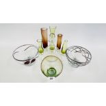 A GROUP OF STUDIO GLASS TO INCLUDE A DECANTER AND VASES + TWO CLEAR GLASS LEAD WORK BOWLS,