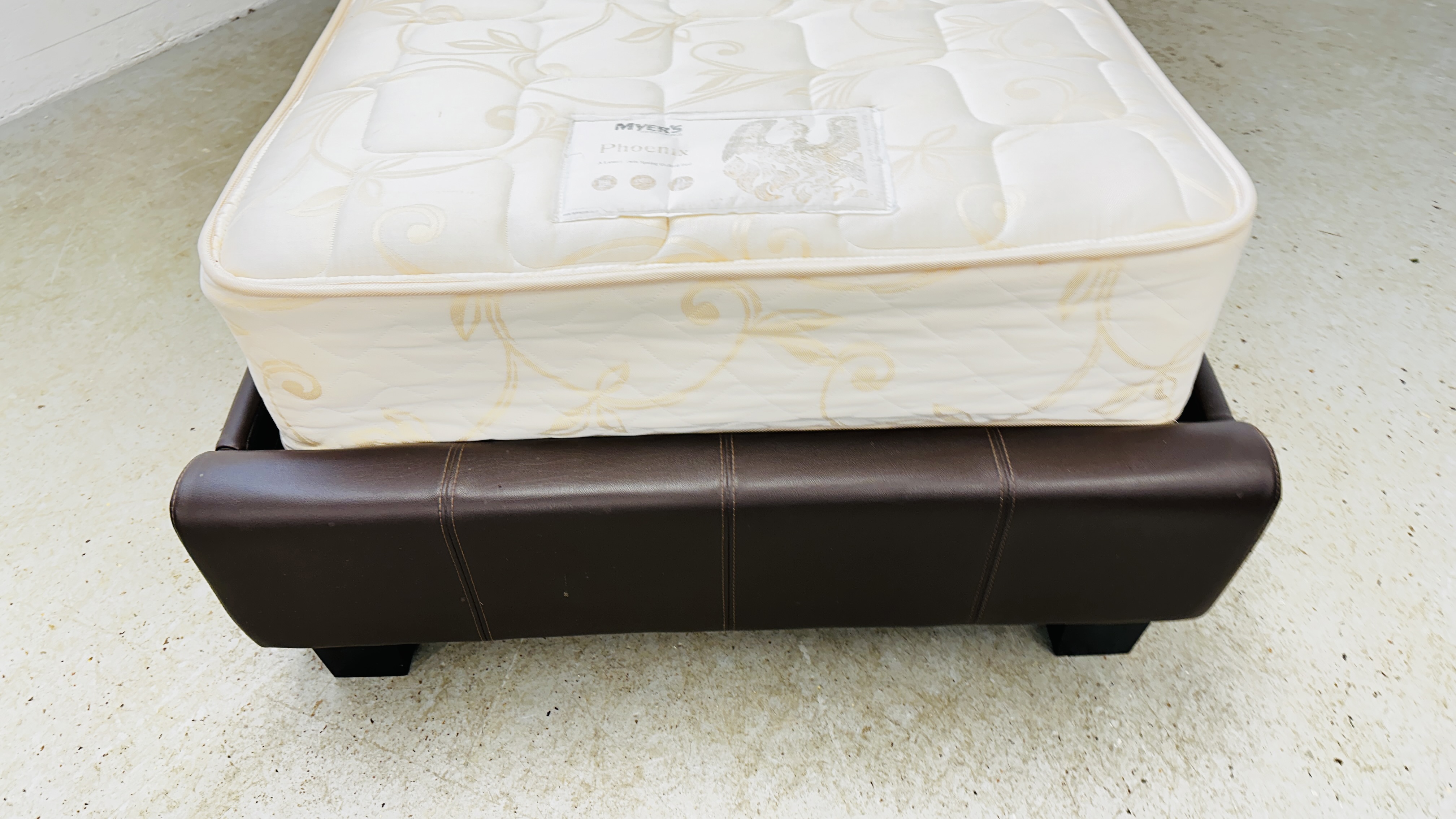 A DARK TAN FAUX LEATHER SINGLE BEDSTEAD WITH MYERS PHOENIX MATTRESS. - Image 2 of 13