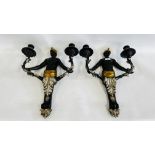 A PAIR OF DECORATIVE FIGURED TWO BRANCH WALL SCONCES H 53CM.