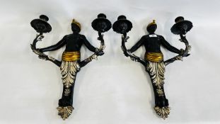 A PAIR OF DECORATIVE FIGURED TWO BRANCH WALL SCONCES H 53CM.