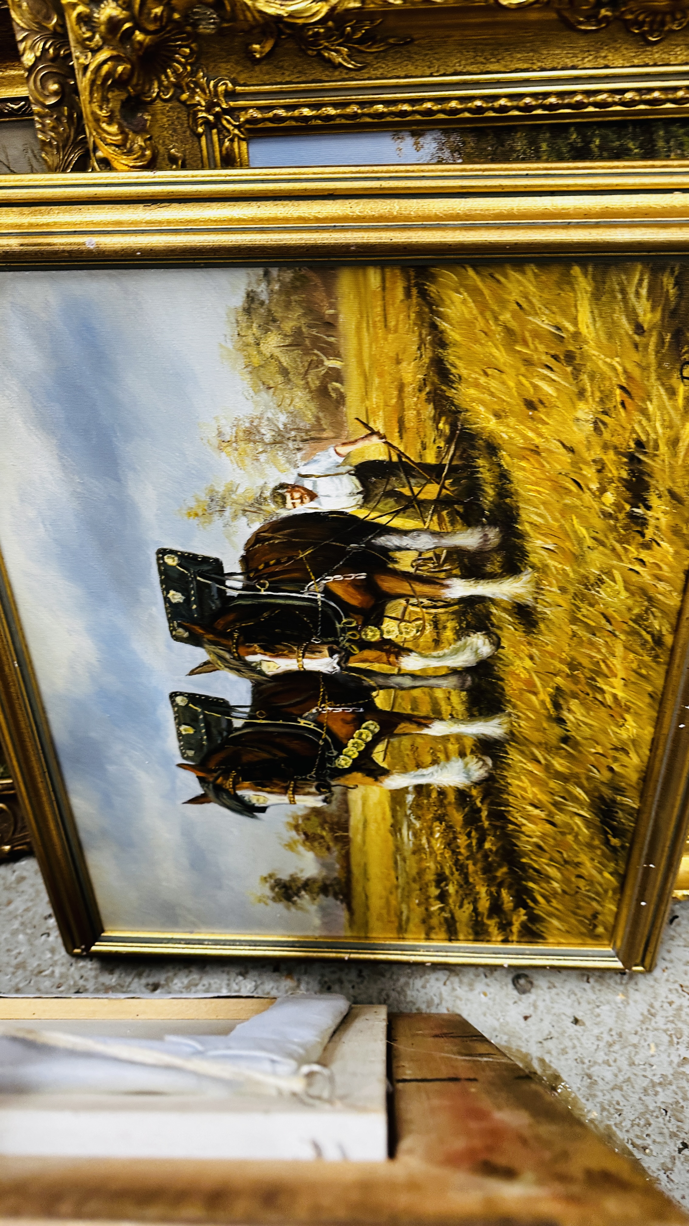 SIX LARGE GILT FRAMED OIL ON CANVAS SCENES TO INCLUDE HEAVY HORSES AT WORK BEARING SIGNATURE D. - Image 3 of 15