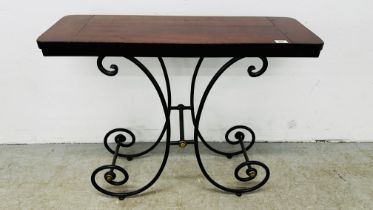 A WROUGHT SCROLLED METAL CRAFT HALL TABLE WITH HARDWOOD TOP, W 92CM X D 31CM X H 76CM.