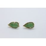 A PAIR OF 14CT GOLD JADE AND DIAMOND DESIGNER EARRINGS.