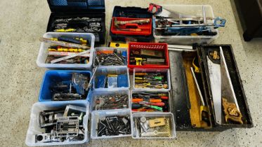 14 X BOXES CONTAINING ASSORTED HAND TOOLS TO INCLUDE SOCKETS, SCREWDRIVERS, FILES, MITRE SAW ETC.