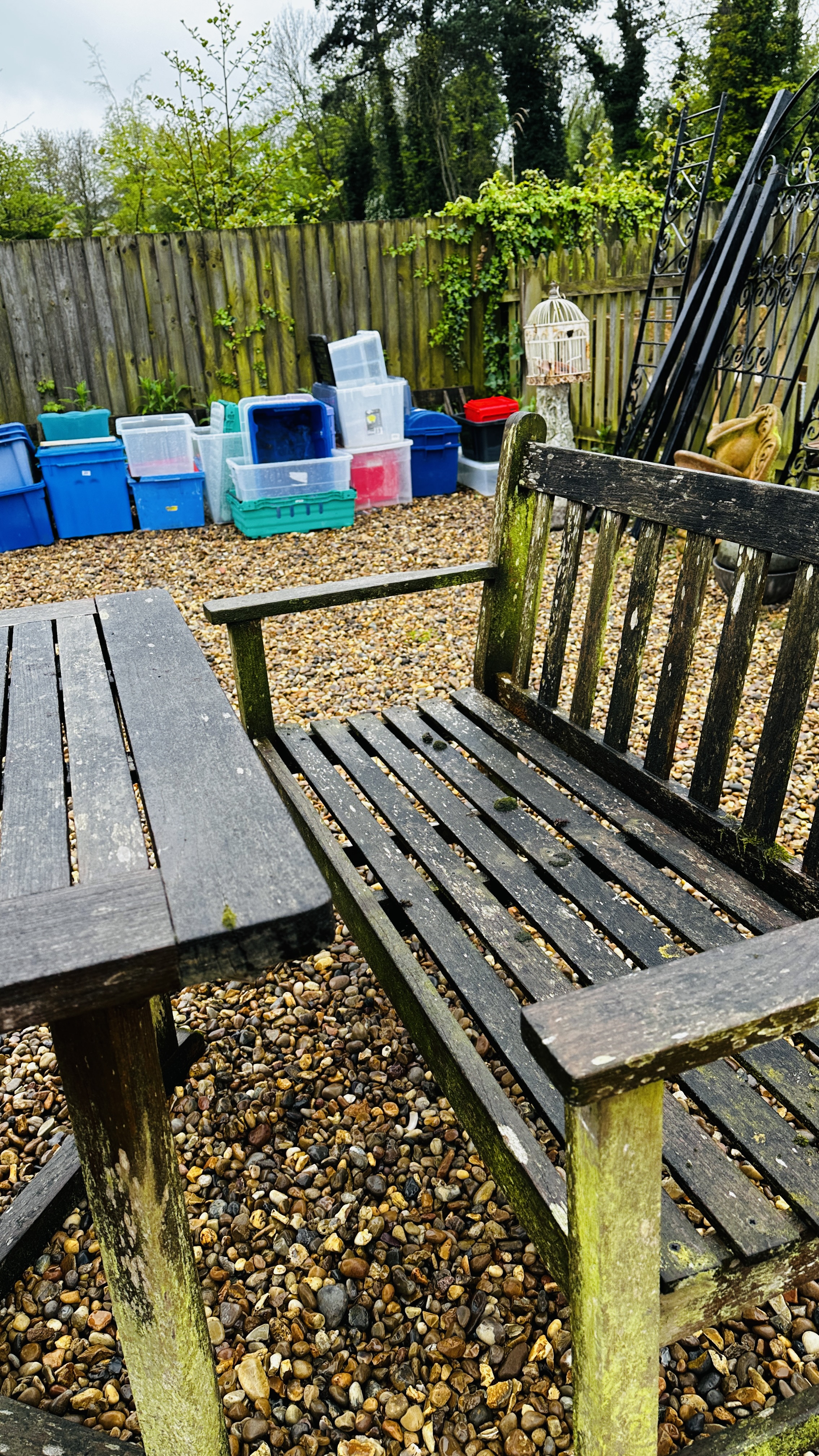 A HARDWOOD GARDEN BENCH LENGTH 120CM AND HARDWOOD GARDEN TABLE - WEATHERED CONDITION, 90 X 90CM. - Image 6 of 7