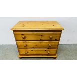 HONEY PINE THREE DRAWER CHEST W 81CM D 44CM H 68CM.