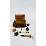 A GROUP OF TOBACCIANA TO INCLUDE SMOKING PIPES + A WOODEN CIGARETTE STORAGE CASE.