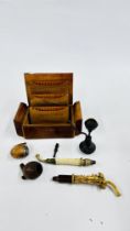 A GROUP OF TOBACCIANA TO INCLUDE SMOKING PIPES + A WOODEN CIGARETTE STORAGE CASE.