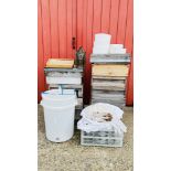 TWO COMPLETE BEEHIVES ALONG WITH VARIOUS ACCESSORIES INCLUDING TWO SMOKERS, 45 NEW FRAMES, SPINNERS,