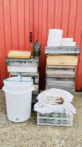 TWO COMPLETE BEEHIVES ALONG WITH VARIOUS ACCESSORIES INCLUDING TWO SMOKERS, 45 NEW FRAMES, SPINNERS,