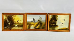 A GROUP OF 3 OIL ON BOARDS DEPICTING DUCKS,