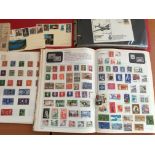 COINS: SMALL COLLECTION TO INCLUDE A FEW SILVER SIXPENCES, SHILLINGS, ALSO STAMPS IN TWO ALBUMS,