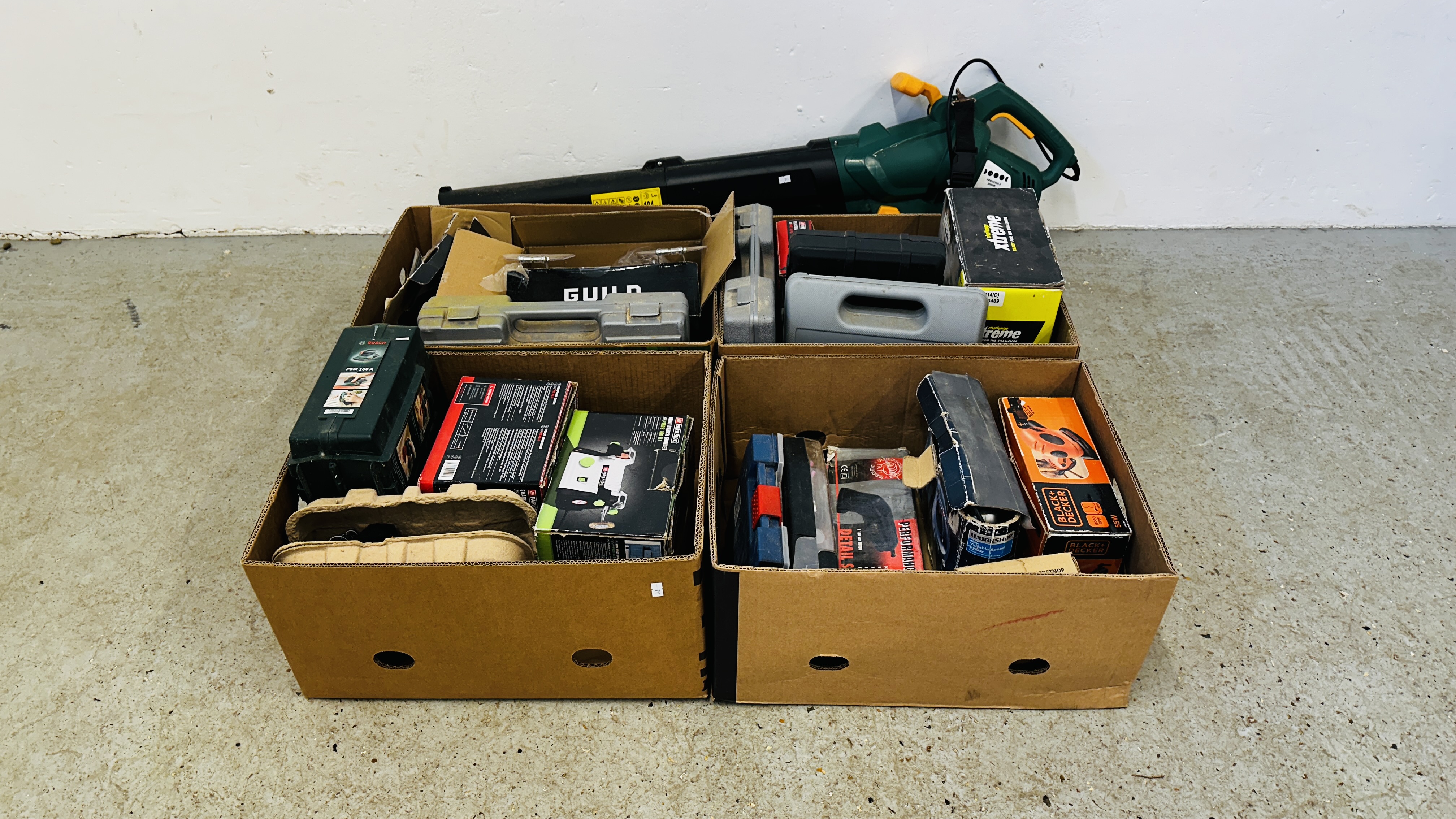 4 BOXES CONTAINING ASSORTED POWER TOOLS AND ACCESSORIES TO INCLUDE GUILD BENCH GRINDER,