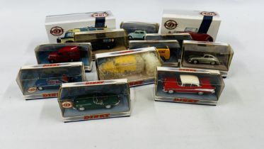 A GROUP OF 12 ASSORTED BOXED DINKY DIE-CAST MODEL VEHICLES TO INCLUDE 1953 AUSTIN A 40 & M.G.B.