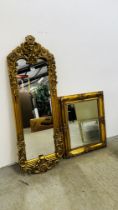 2 X GOOD QUALITY REPRODUCTION GILT FRAMED MIRRORS, 125 X 45CM AND 58 X 68CM.