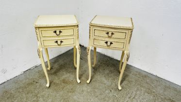 A PAIR OF CONTINENTAL DESIGN TWO DRAWER BEDSIDE TABLES.