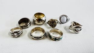 8 SILVER DESIGNER RINGS INCLUDING CHUNKY BANDS, STONE SET ETC.