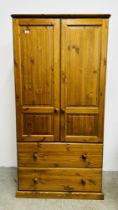 A SOLID PINE TWO DRAWER DOUBLE WARDROBE, W 90CM X D 53CM X H 179CM.
