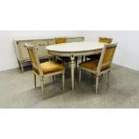 A MODERN CONTINENTAL CREAM FINISH SUITE OF DINING FURNITURE COMPRISING OF OVAL EXTENDING DINING