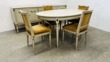 A MODERN CONTINENTAL CREAM FINISH SUITE OF DINING FURNITURE COMPRISING OF OVAL EXTENDING DINING