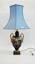 A DECORATIVE MODERN LAMP BASE, ON A BLUE GROUND DEPICTING A CLASSICAL SCENE,