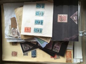 FILE BOX WITH AN ECLECTIC MIX REVENUES, PERFINS, POSTAL STAMPS, LOCALS, CINDERELLAS, ETC.