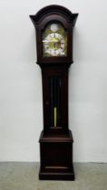 A MODERN MAHOGANY CASED GRANDFATHER CLOCK, THE DIAL MARKED "JULIAN STANTON WINCHESTER" H 79CM.