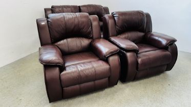 A MODERN BROWN LEATHER 3 PIECE SUITE COMPRISING OF A PAIR OF RECLINING ARMCHAIRS AND A 2 SEATER