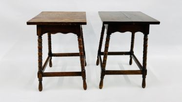 A PAIR OF VINTAGE HANDCRAFTED APPRENTICE OCCASIONAL TABLES, 26 X 26 X H 39CM.