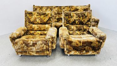 AN ORIGINAL RETRO 3 PIECE SUITE MARKED G-PLAN COMPRISING OF TWO ARMCHAIRS AND A 3 SEATER SOFA.