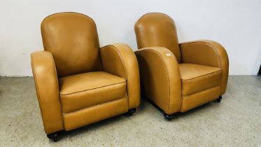 A PAIR OF 1930'S RETRO LIGHT TAN UPHOLSTERED CLUB CHAIRS W 78 X H 82CM.