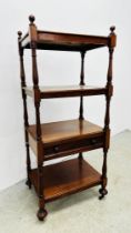 A VICTORIAN MAHOGANY 4 TIER WHATNOT WITH DRAWER H 117 X W 52 X D 39CM.