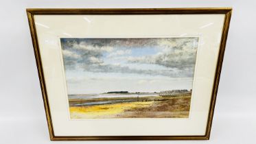 A FRAMED AND MOUNTED PASTEL TITLED "LOW TIDE,