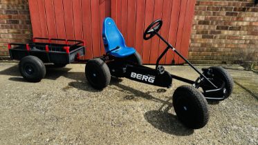 BERG PEDAL GO CART WITH BLACK WHEELS AND LIGHTS PLUS TRAILER.