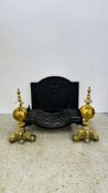 AN IMPRESSIVE OVERSIZED PAIR OF HEAVY BRASS FIRE DOGS COMPLETE WITH FIRE BASKET AND SOLID HEAVY