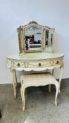 CONTINENTAL STYLE CREAM FINISH OVAL DRESSING TABLE WITH TRIPLE VANITY MIRRORS PLUS MATCHING