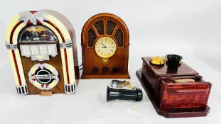 A NOSTALGIC RADIO WITH CLOCK, RADIO JUKE BOX & A RADIO CLASSIC CLOCK RADIO (BOXED) - SOLD AS SEEN.