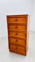 RETRO TEAK FINISH 5 DRAWER TOWER CHEST W 51CM X H 103CM X D 46CM.